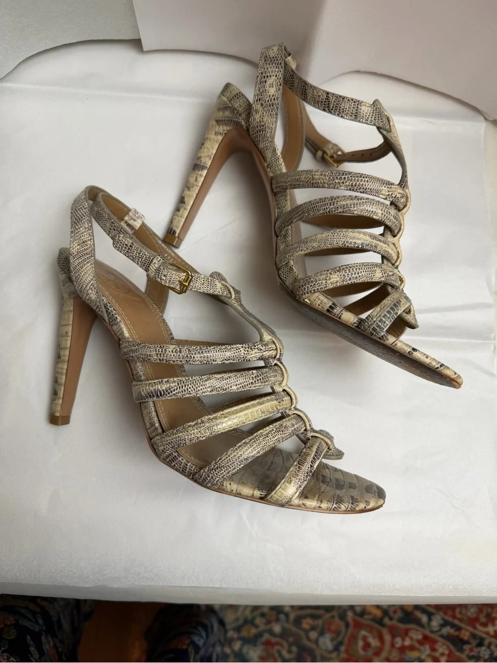 Tory Burch Neutral Snake-Print Strappy Heels